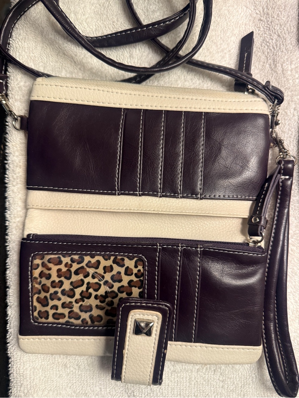 Ed Hardy Dark Brown and Cream Leopard Accent Crossbody Wallet